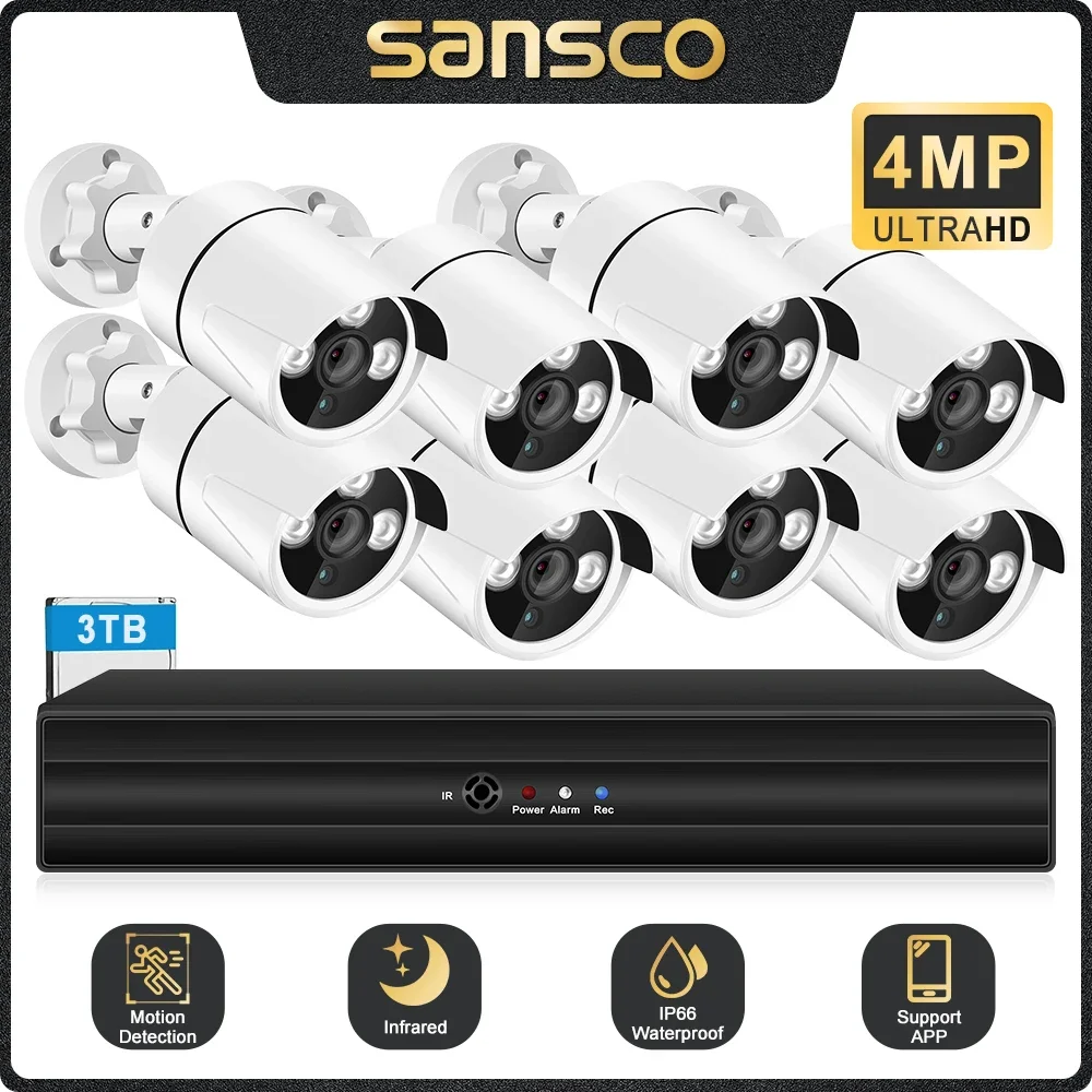 SANSCO-Kit de sistema de seguridad de cámara CCTV, kit de cámaras de vigilancia AHD de 4MP, DVR, detección facial, visión nocturna infrarroja, 2K, 8 canales