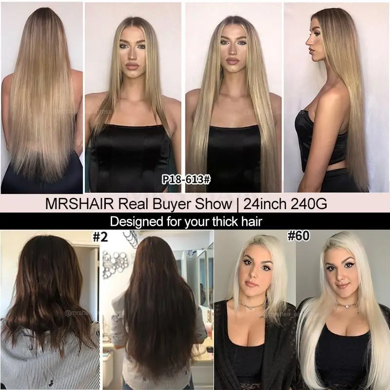 MRSHAIR Большой объем 24 дюйма 240 г Зажим для наращивания человеческих волос Бесшовные зажимы для волос 6 шт. ПОЛНАЯ голова для густых необработанных волос