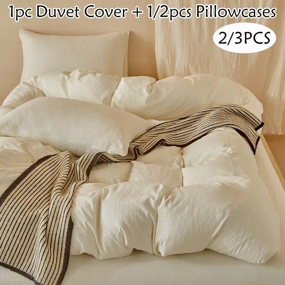 

3pcs Set Ivory White Jacquard Striped Duvet Cover Set, Simple Fashionable Pastoral Style Polyester Bedding Set, Soft Breathable