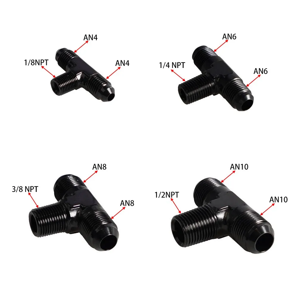 3 in 1 Pipe Adapter Aluminum Junction Coupler Adapter T-piece thread AN4 1/8NPT AN6 to 1/4 NPT AN8 to 3/8 NPT AN10 to 1/2NPT 