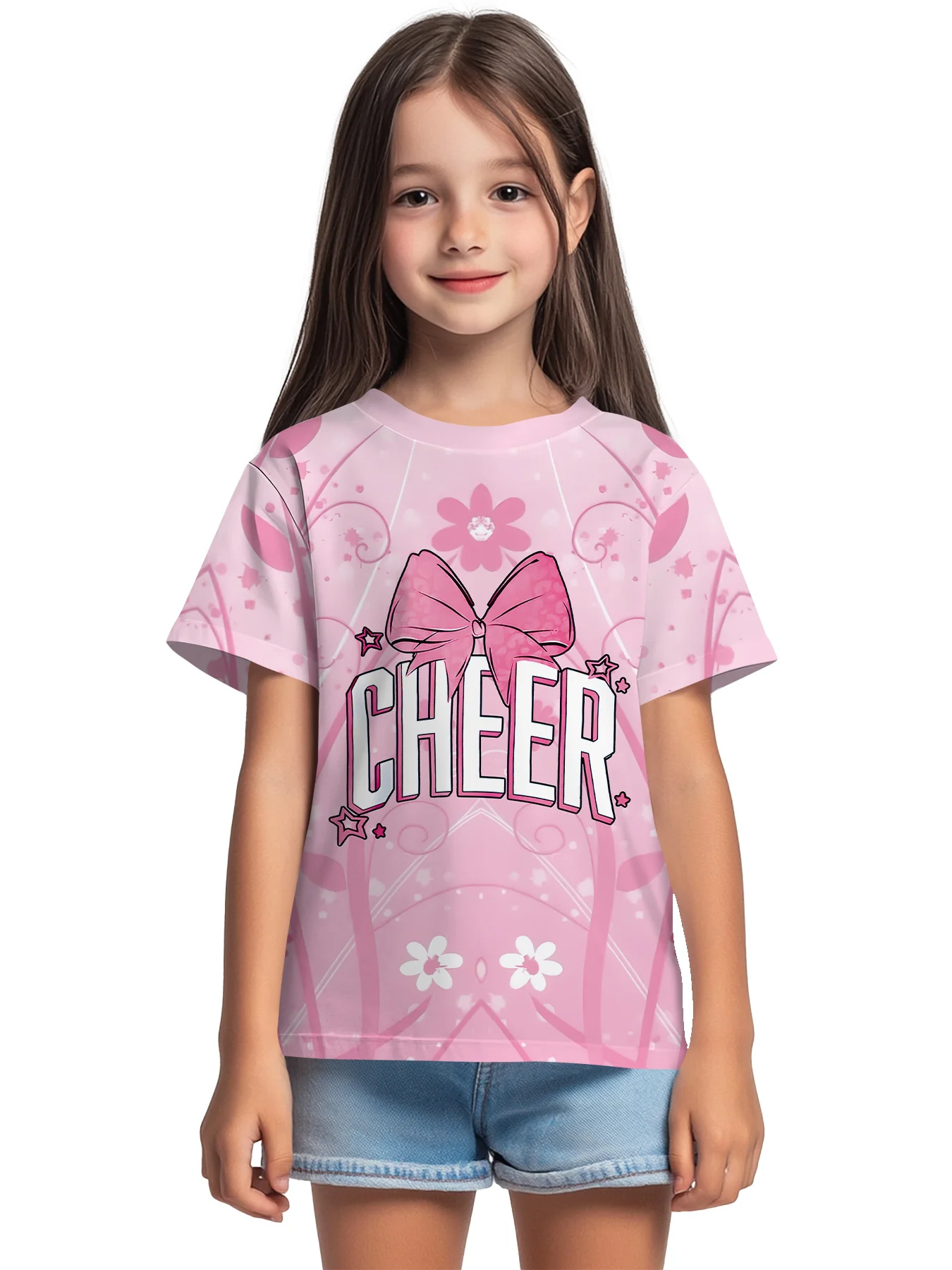 Girls Cheerleading Themed T-Shirt, Pink Bow Flower Star Pattern with CHEER Text Casual Kids Graphic Top