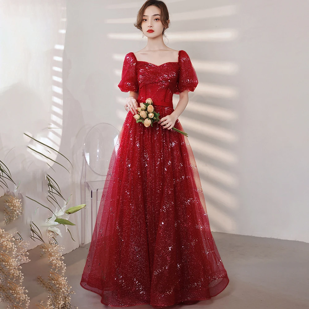 Wine Red Long Toast Wedding Dress Light Luxury Sequined Performance Evening Dresses Fashion Square Neck Chiffon Prom Gowns
