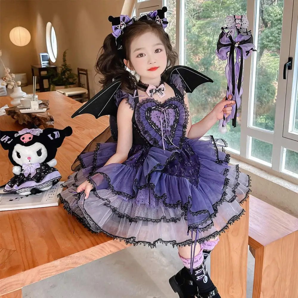 

Sanrio Kuromi Summer Girls Lolita Dress Cartoon New Sling Mesh Puffy Princess Skirt Role Play Performance Costumes Party Gift