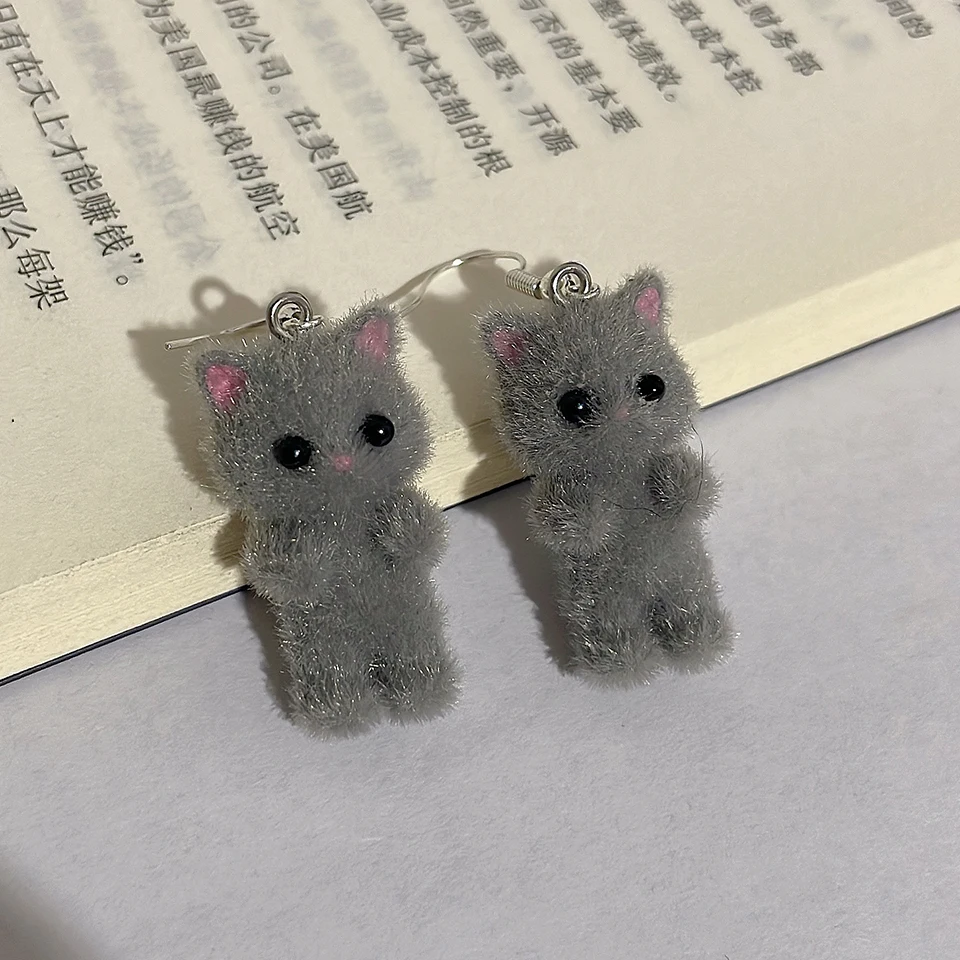 Cute 3D Resin Kitten Dangle Earrings for Women Korean Version Cartoon Flocking Animal Sweet Earrings Party Jewelry image 6