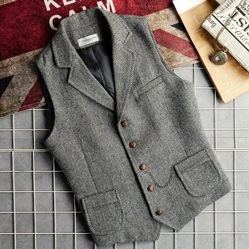 

Men Vest Coffee Herringbone With Lapel Formal For Business Wedding Groom Banquet Men Suit Waistcoat