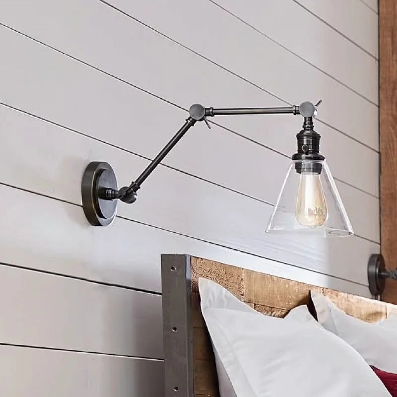 E27 Long Arm Foldable Wall Lamp Study Telescopic Learning Reading Bedside Lamp Modern Simple Bedroom Glass Wall Lamp