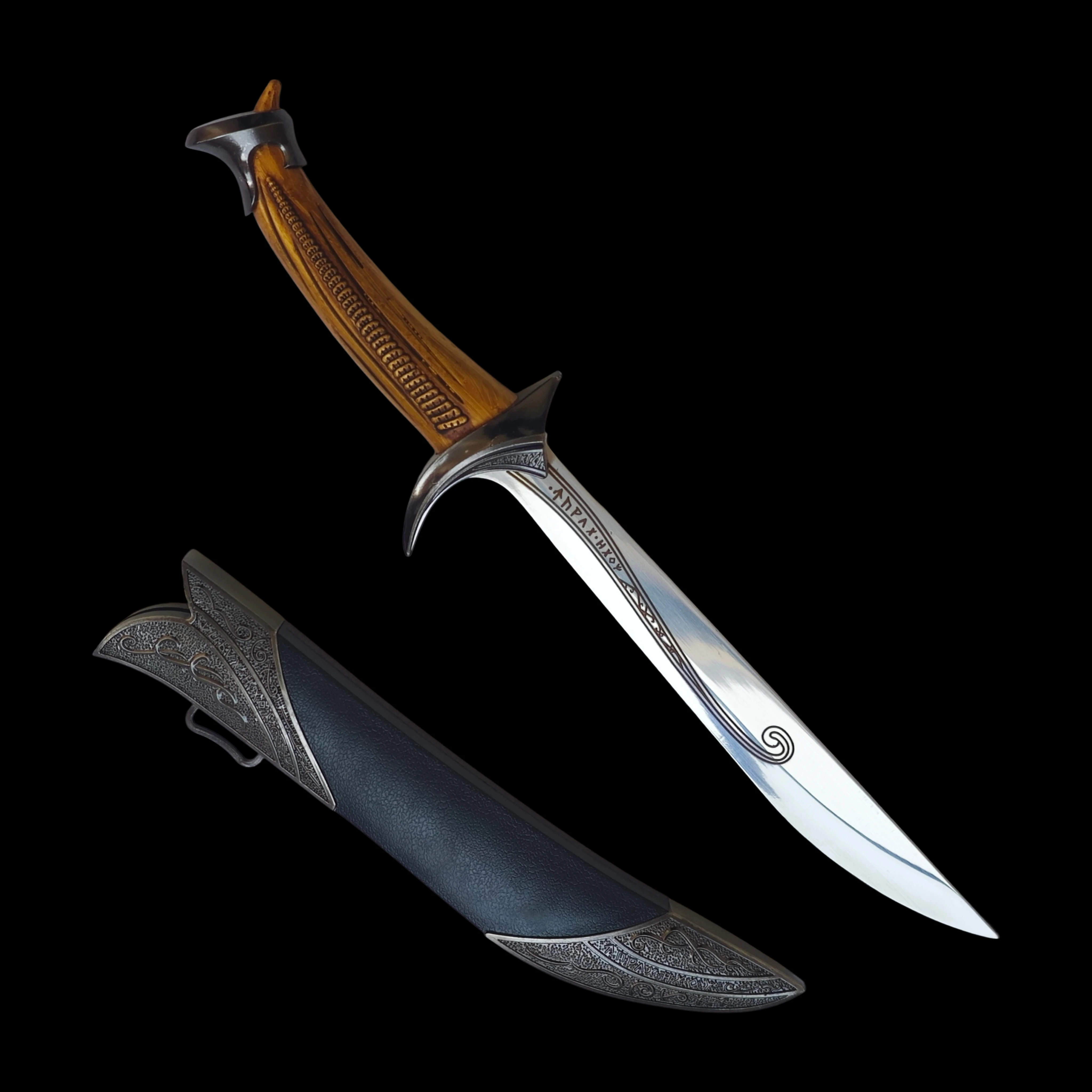 黒の鞘と茶色のハンドル、短剣、切れ味のない、ステンレス鋼の刃、フィルムスタイル、コスプレ、小剣、誕生日プレゼント