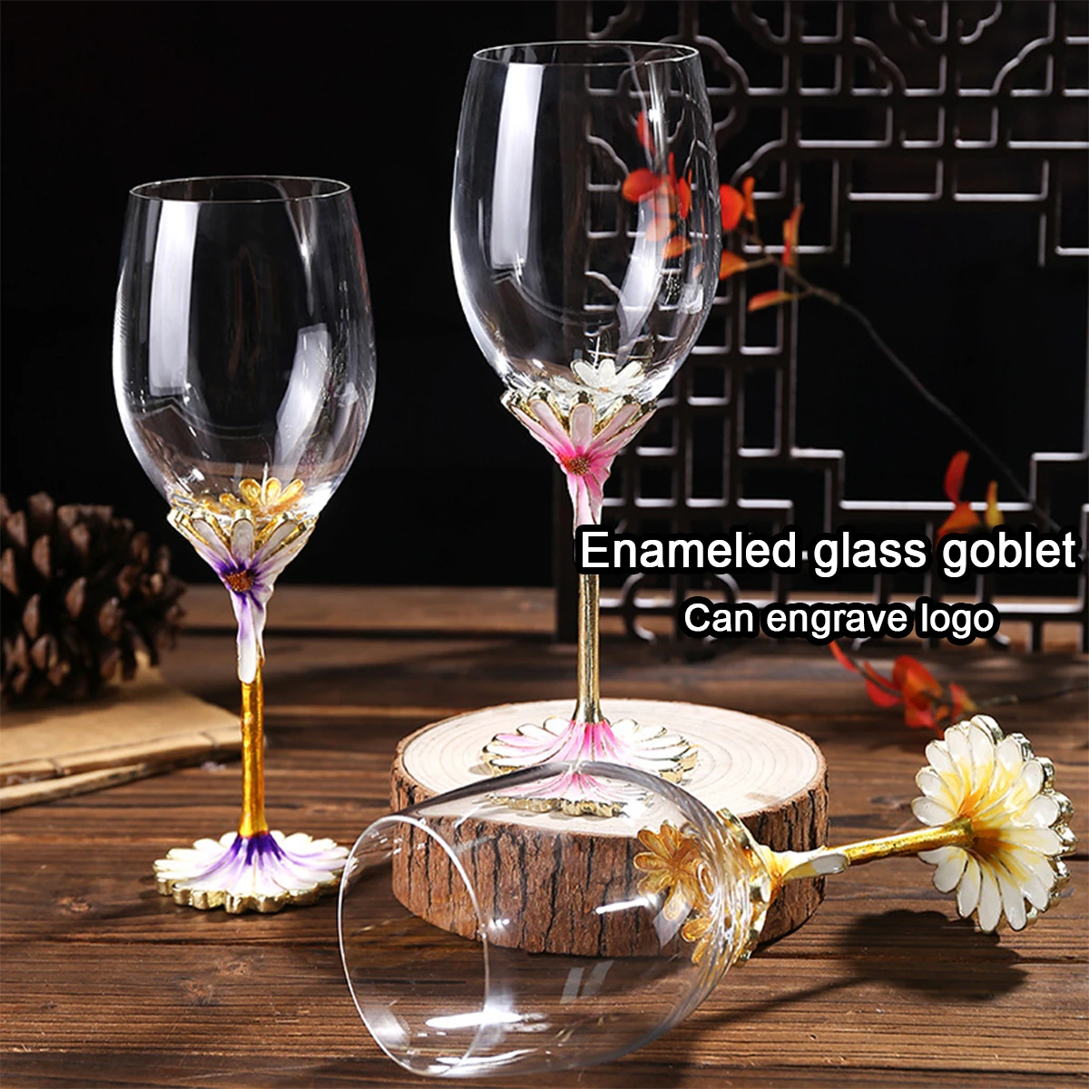 

(Can Engrave Logo) 350ML Enamel Daisy-carved Crystal Glass Wine Cup, Wedding Gift Set, Household Stemmed Glasses