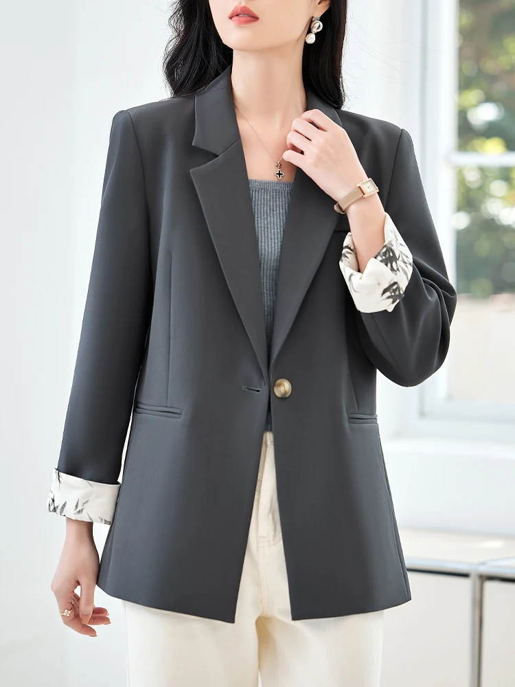 Strakke effen kleurblazer voor dames - Stijlvolle manchetten met contrasterende print, elegant professioneel kantoor-casual pak met lange mouwen