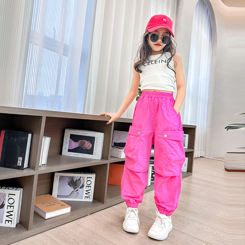 Girls Cargo Pants Solid Color Trousers Girl Spring Autumn Children Trousers Casual Style Girl Clothes 6 8 10 12 14