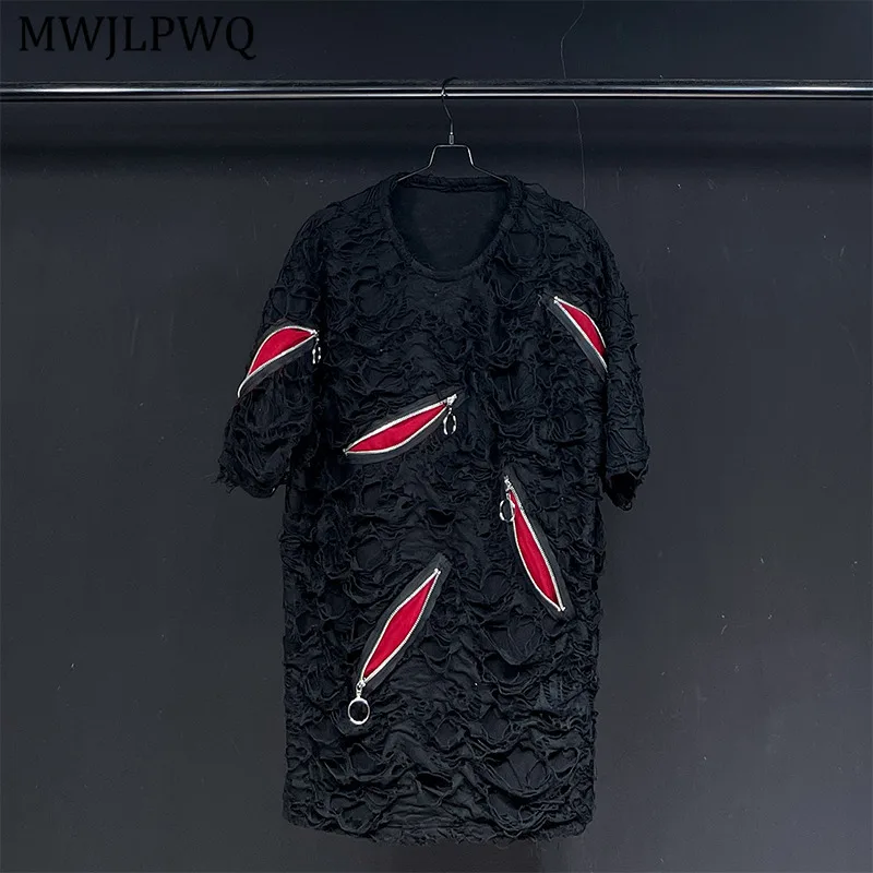 

MWJLPWQ Hollow Out Zipper Niched Design T-Shirt Male 2025 New Black Short Sleeve Clothes Autumn Loose Casual Unisex Tops 11092