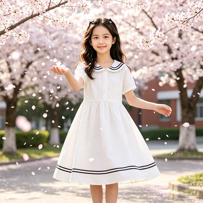 Tween Girls Sailor Collar White Cotton Dress For Kids Short Sleeve Dresses Girl Twenties Clothing Casual School Wear Mid Length