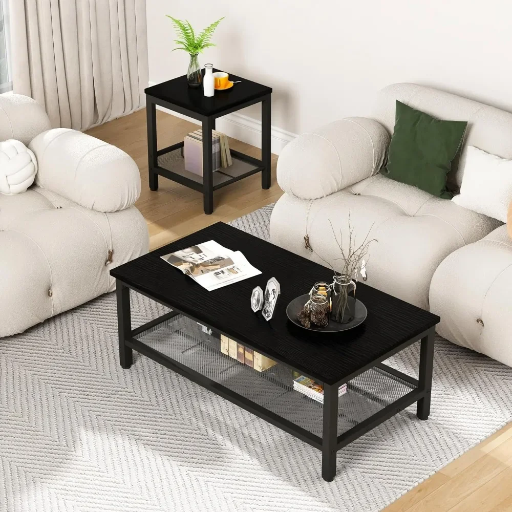 3 Pieces Living Room Table Set, Industrial Coffee Table with 2 Square End Side Tables, Coffee Table Set with Metal Frame