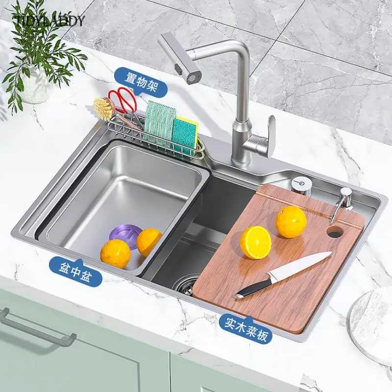 Stainless Steel Pull Out Kitchen Waterfall Sink Large Single Sink Dish Basin Sink with Storage Basket Kitchen Accessories