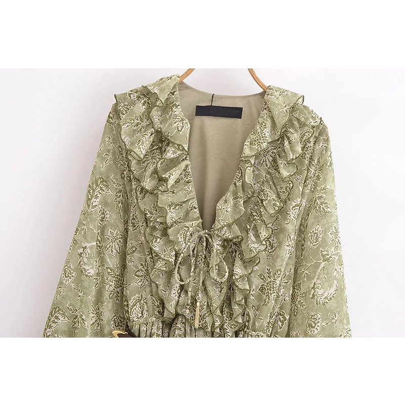 Yenkye 2025 feminino com cinto plissado vestido de impressão manga longa com decote em v cintura elástica a linha midi vestidos elegantes primavera