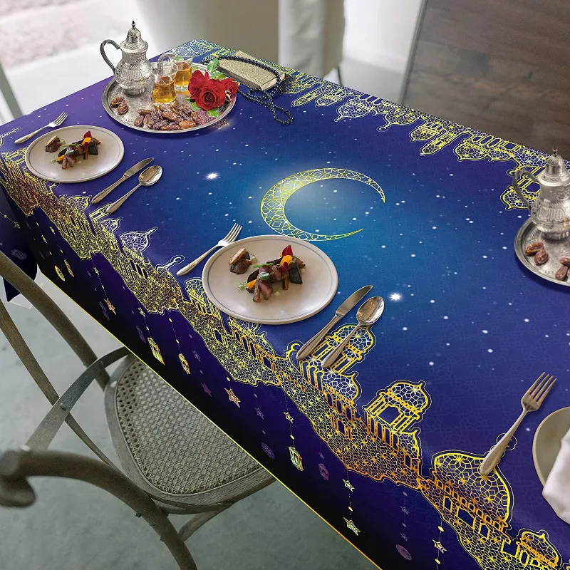 274X150cm Blue Purple EID Party Fabric Tablecloth Printed With Gold Crescent Moon Star Lantern Mubarak Table Cover Decorations