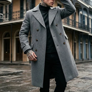 New Men's Solid Color Trench Coat Double Breasted Long Coat Street Wear Knee Trench Coat Business Casual Men's Officewear Jacket