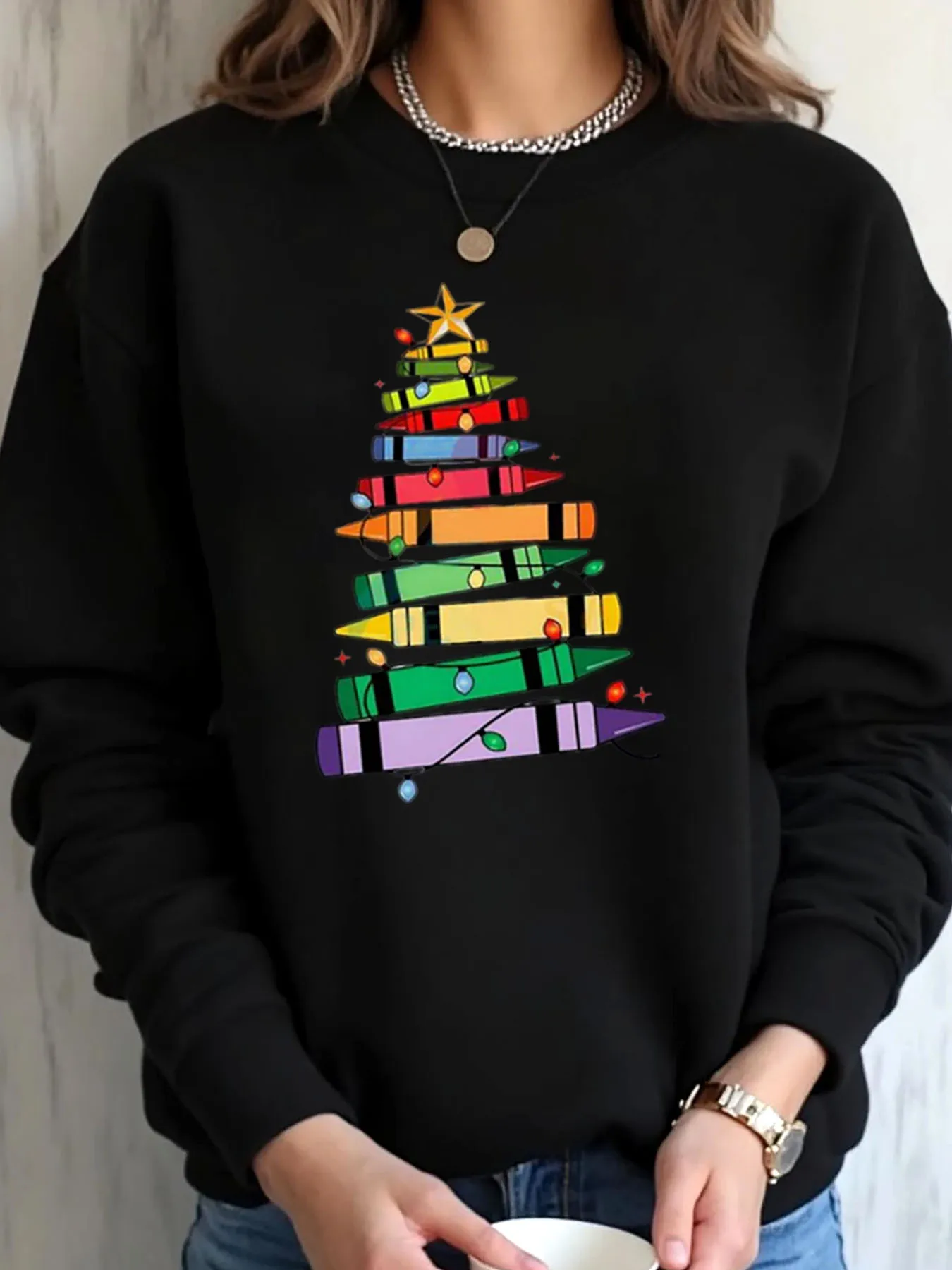 

Женская толстовка большого размера с принтом рождественского карандаша и дерева, уличная одежда