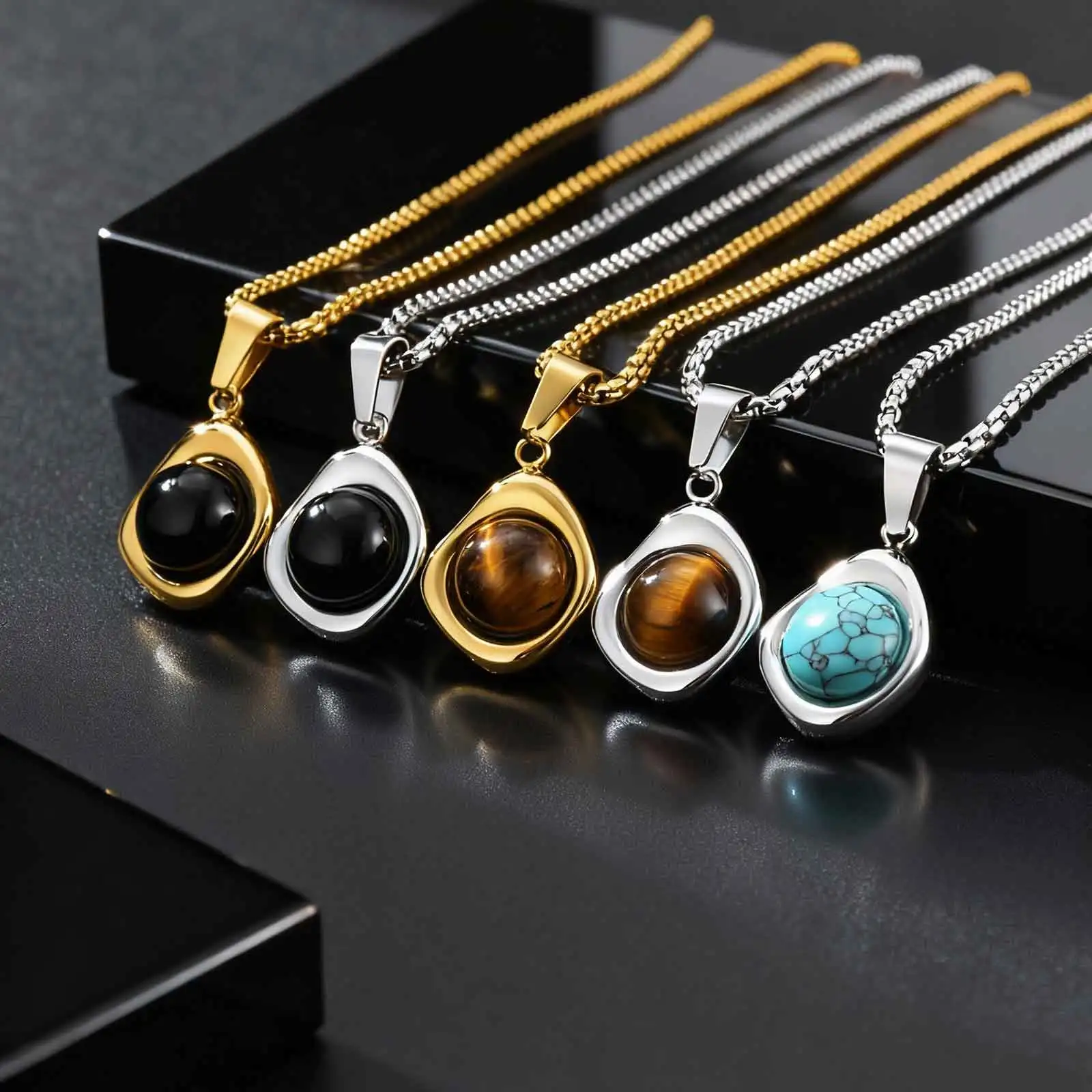 Klassische Mode Runde Natürliche Achat Tigerauge Stein Halskette für Männer, Edelstahl Unregelmäßige Anhänger Halskette, Punk Schmuck – Detail 7