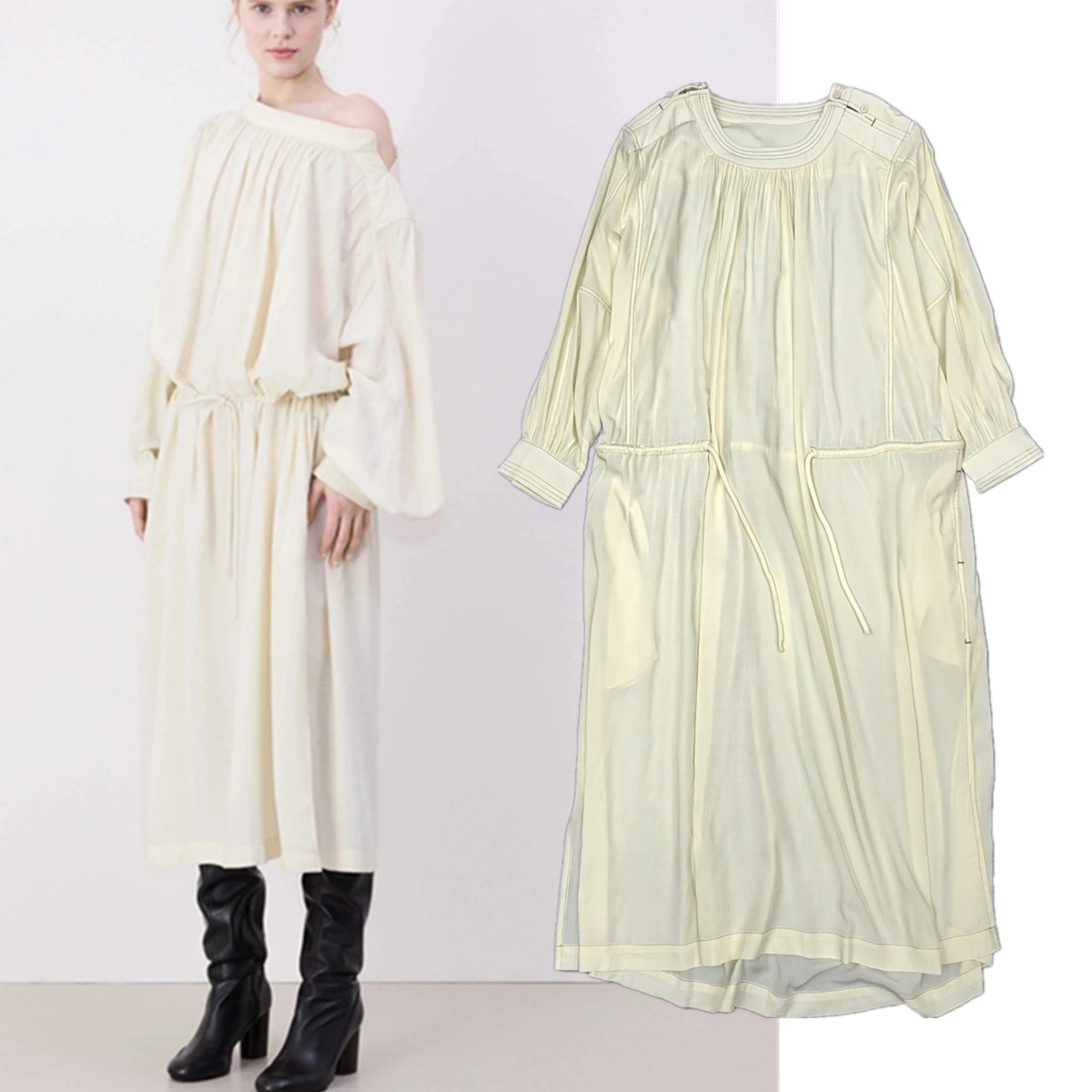 

Maxdutti Summer Loose Off Shoulder Long Sleeved Dress Spring Lazy Drawstring Mid Dress Women's Casual Dresses Female Clothing