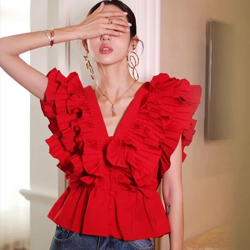 Neploe Vintage Ruched Slim Waist Blouses 2024 Summer New Sleeveless Shirts Women Y2k E-Girl V-neck Ruffles Blusas Mujer