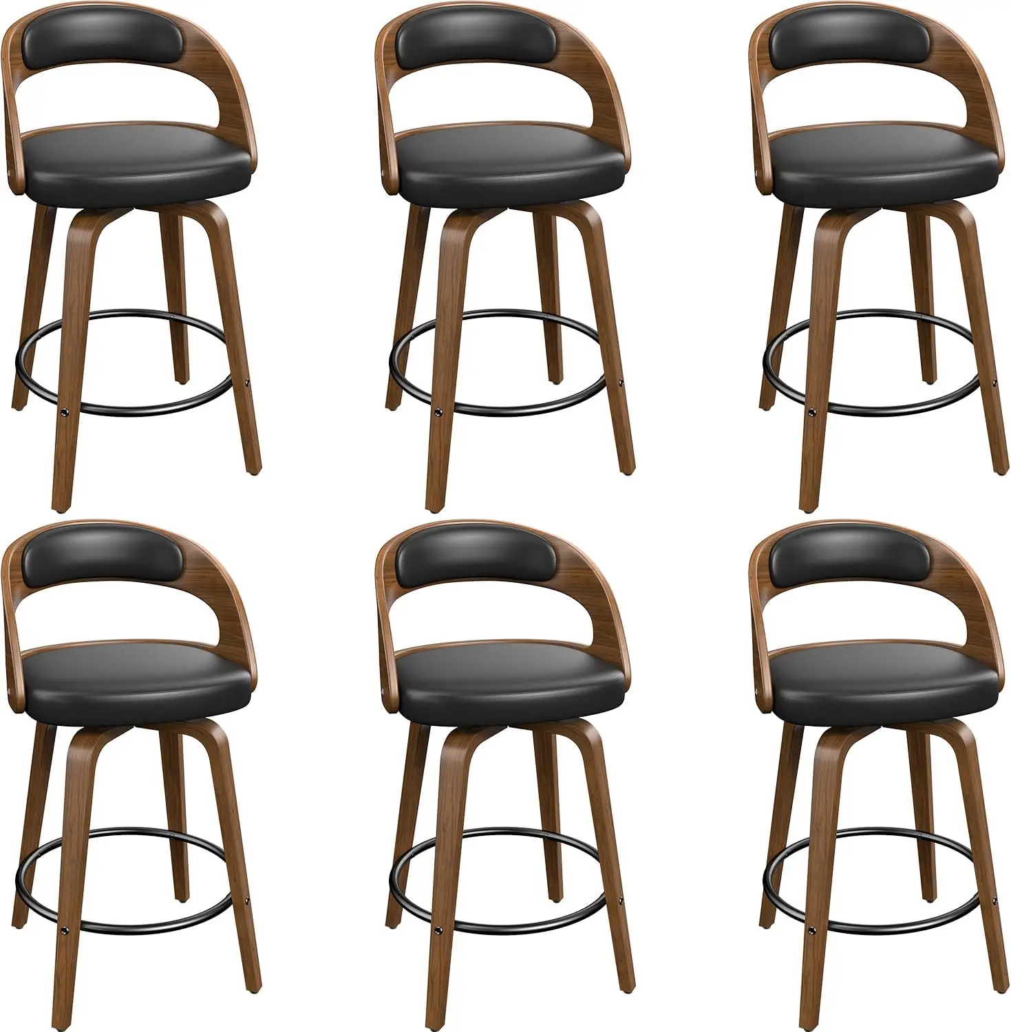 เก้าอี้บาร์ชุด 6, 26 "ความสูงเคาน์เตอร์Bentwood Barstool,Mid-Century Modern PUหนังหุ้มเก้าอี้บาร์ด้านหลัง