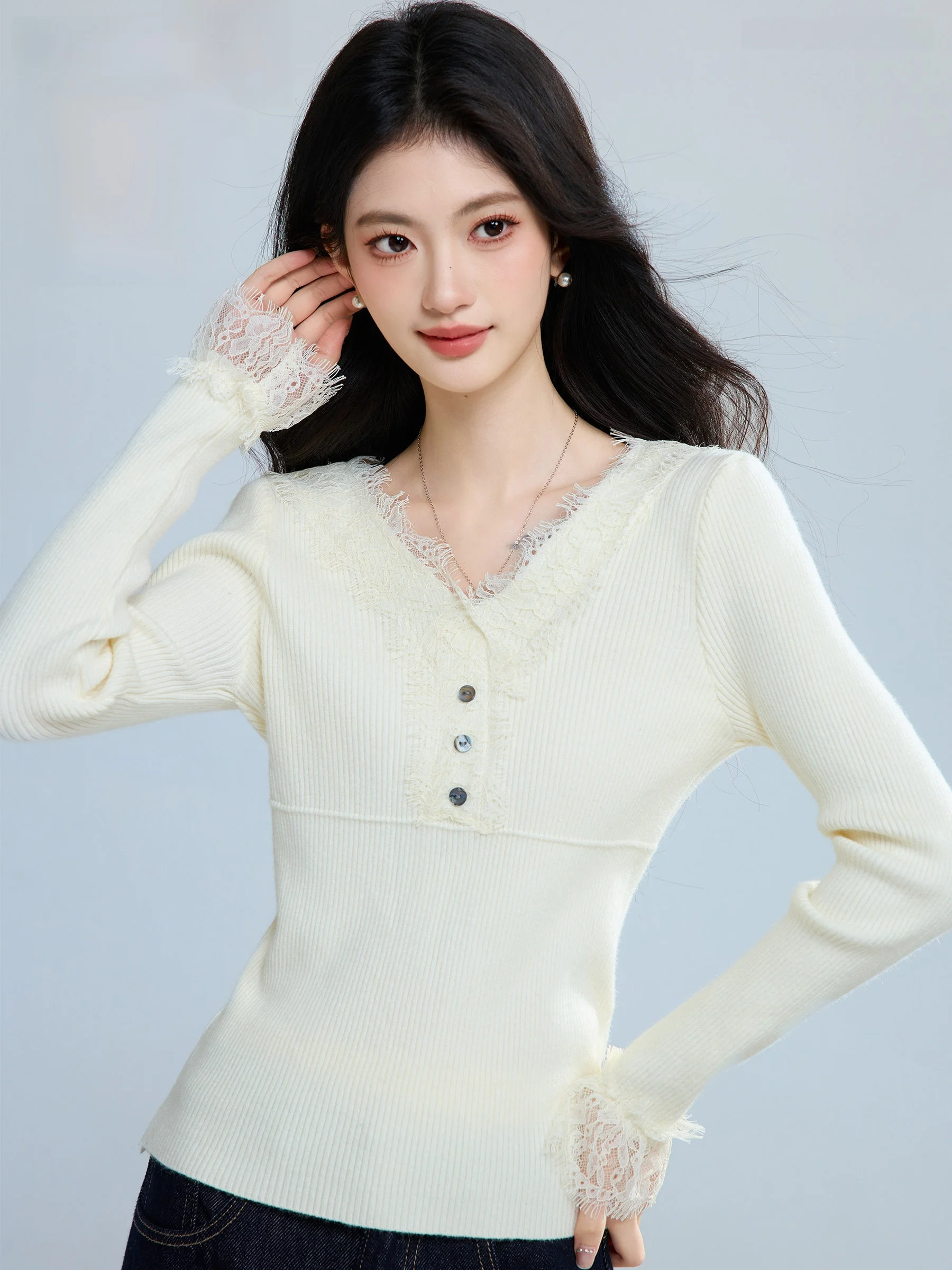 

Lingerie Layering irt Women's Autumn Winter Small Size High End Inner Wear Lace Patchwork Knitted Sweater Princ Sle So...