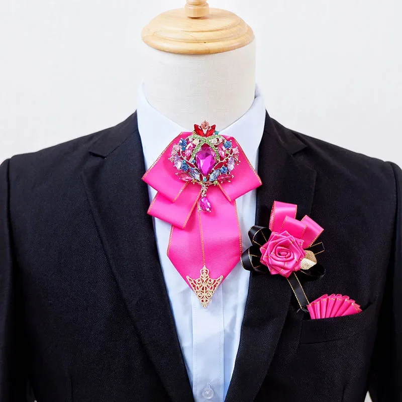 Original Wedding Bow Tie 3Pcs Set Luxury Rhinestone Collar Flowers Men's Business Banquet Party Host Bow-tie Brooch Pocket Towel