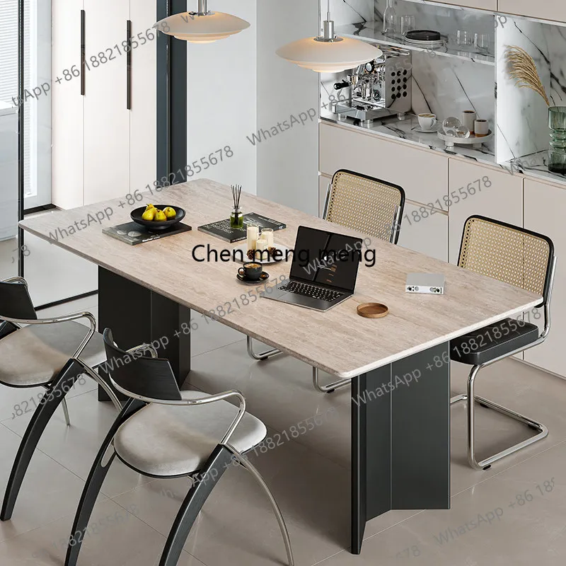 

Medieval travertine dining table Household retro style rectangular solid wood French marble dining table
