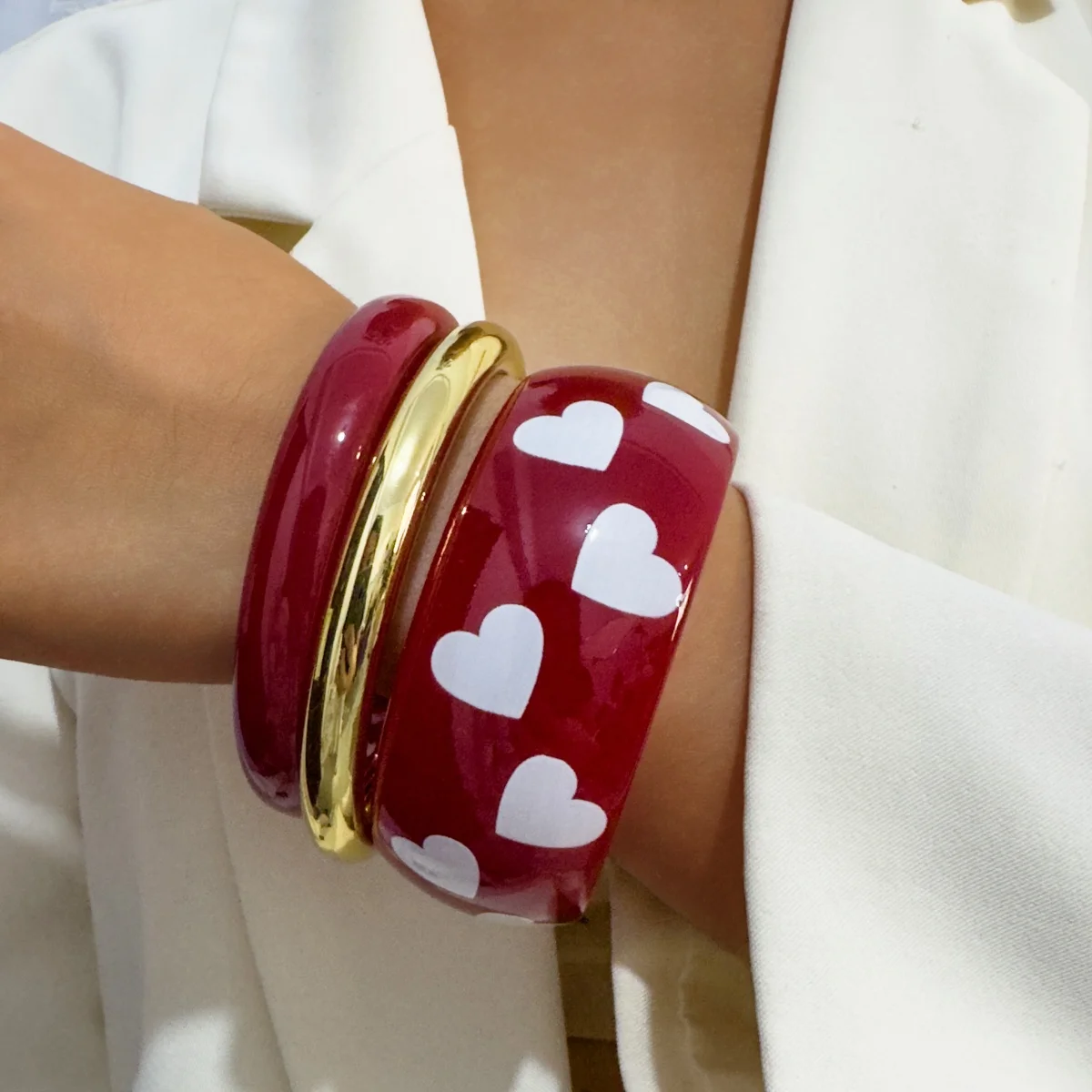 Docona Sweet Romantic Resin Heart Shaped Pattern Bracelet Set Elegant Accessories Women's Daily Dating Jewelry Gifts