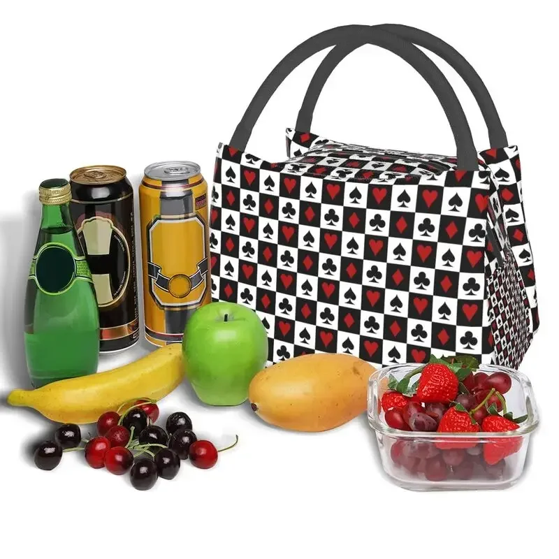 Isolierte Lunchtasche mit Schachbrett-Spielkarte, passt zu Muster, für Camping, Reisen, kariert, tragbar, Thermo-Kühlbox, Bento-Box für Damen