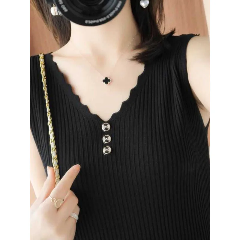 Ice Silk Sleeveless Strap Vest Women Summer Thin V-Neck Versatile Loose Knitted Good Wearability Base Layer Loose Fit Knitted...