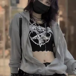 Gothic Knitted Punk Black Tank Tops Mall Goth Grunge Goat Print Harajuku Women Crop Tops Skinny Sleeveless Streetwear
