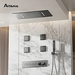 Luxury gun gray brass shower system with ceiling design Hidden LED digital display Dual control of Hot & Cold  bathroom Faucet