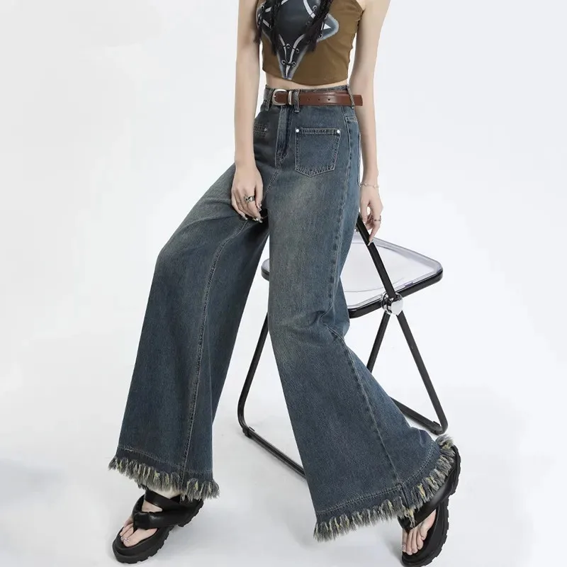 

Blue Baggy Jeans for Women 2023 New Fashion Tassel Burrs Retro Streetwear Wide Leg Pants Loose High Waist Denim Pant Pantalones