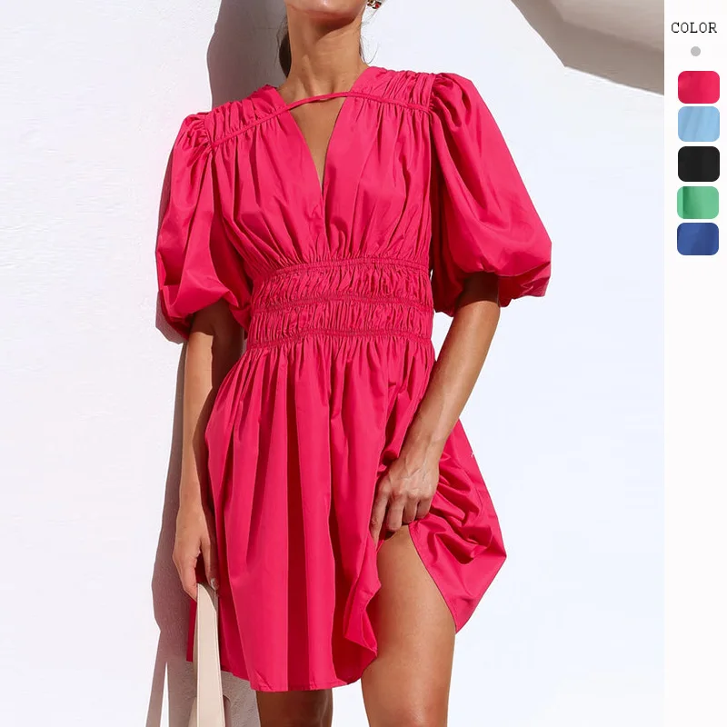 Women's Summer Dress2024 Casual Loose High Waist Deep V Waist Pleat Puff Sleeve Dress Ladies Luxury Mini Dress Free High Quality