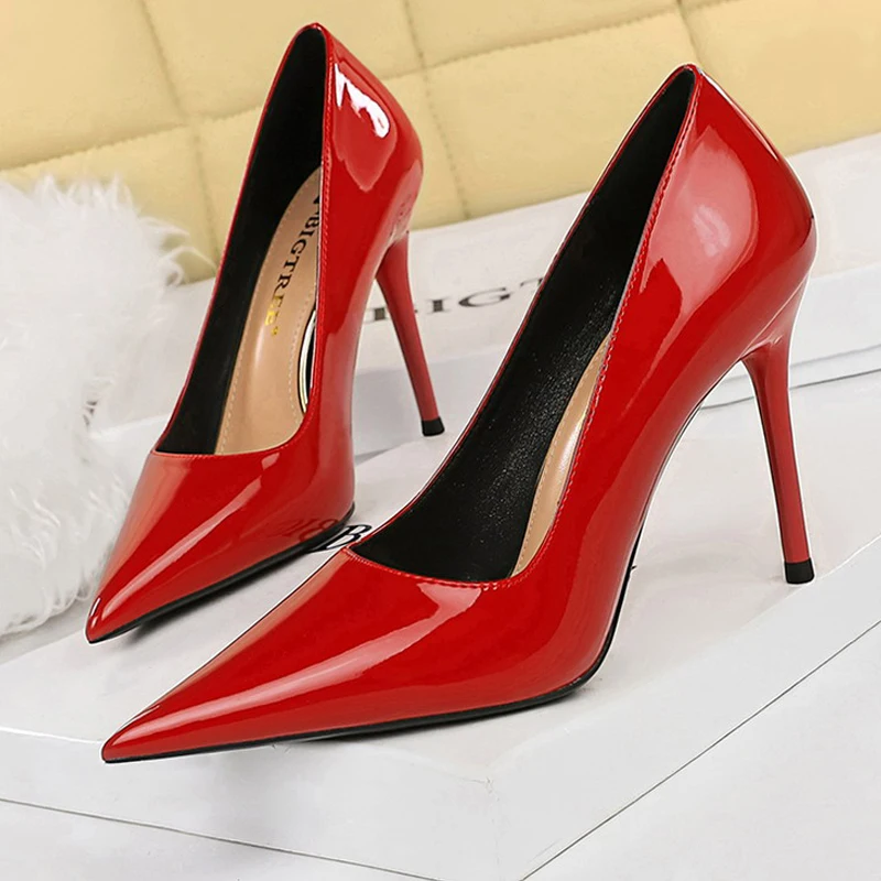 BIGTREE Shoes Pointed Toe Red Women Pumps Patent Leather High Heels Occupational OL Office Shoes Stiletto Female Heels Shoes