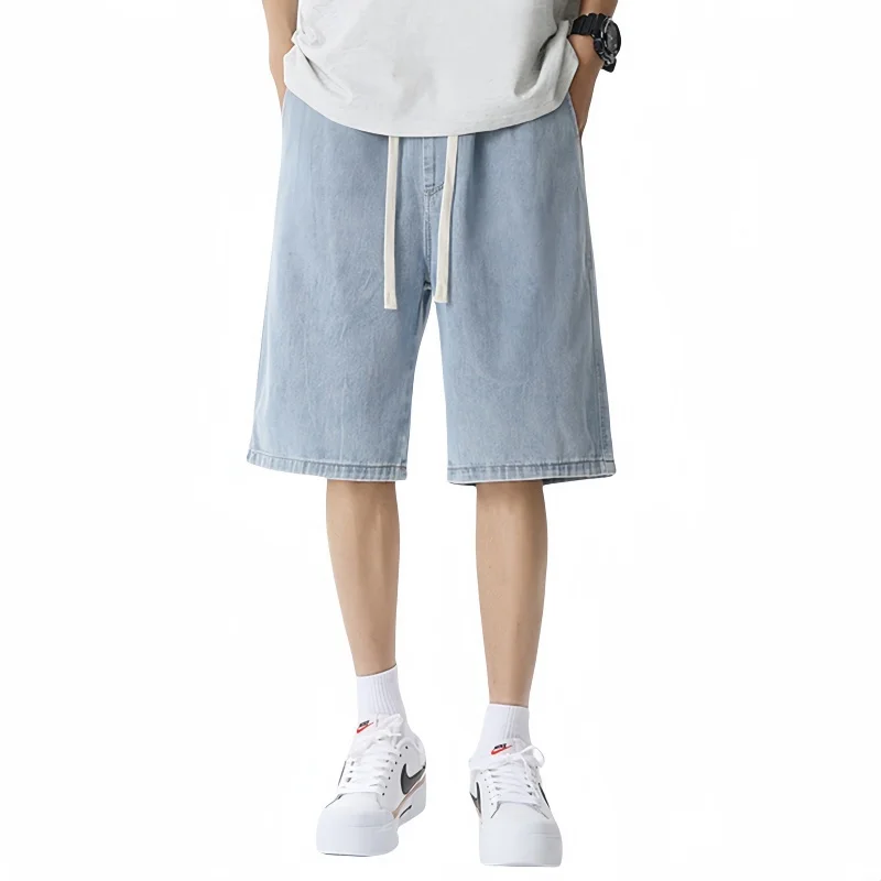 Men's Summer Denim Shorts Versatile Loose Straight Leg Sports Shorts Solid Color Fashion Casual Jeans Elastic Waist Fifth Pants