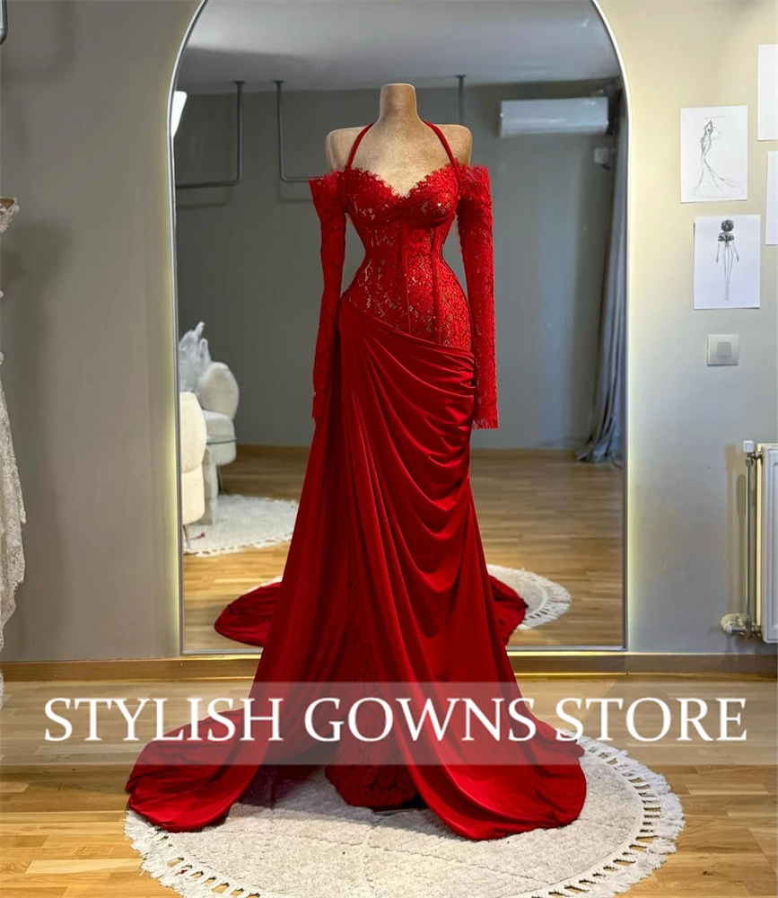 

Red Halter Evening Dresses Off Shoulder Women Formal Occasion Gowns Sleeveless Side Split Party Gowns Customized فساتين سهرة