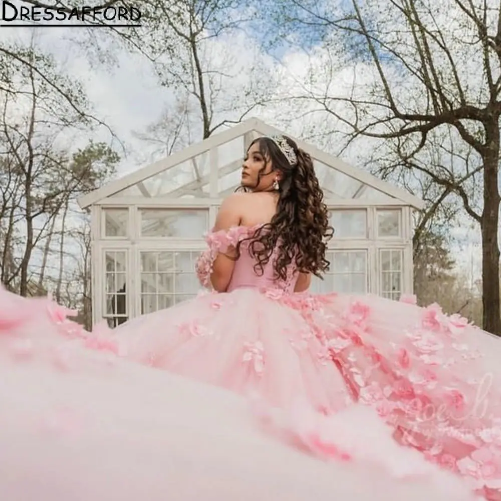 Vestido rosa sin hombros Para quinceañera, sin mangas, con flores en 3D, corsé de encaje Para XV Años