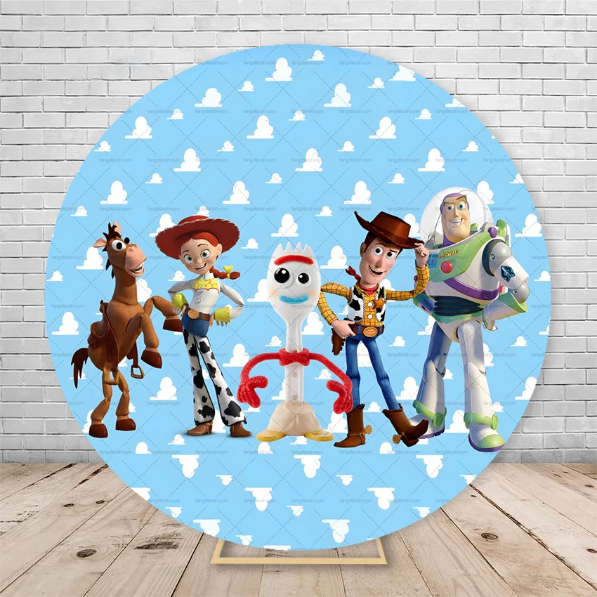 

Disney Cartoon Toy Story Round Backdrop Cover Clouds Sky Wall Woody Buzz Lightyear Boys Birthday Party Circle Background Covers