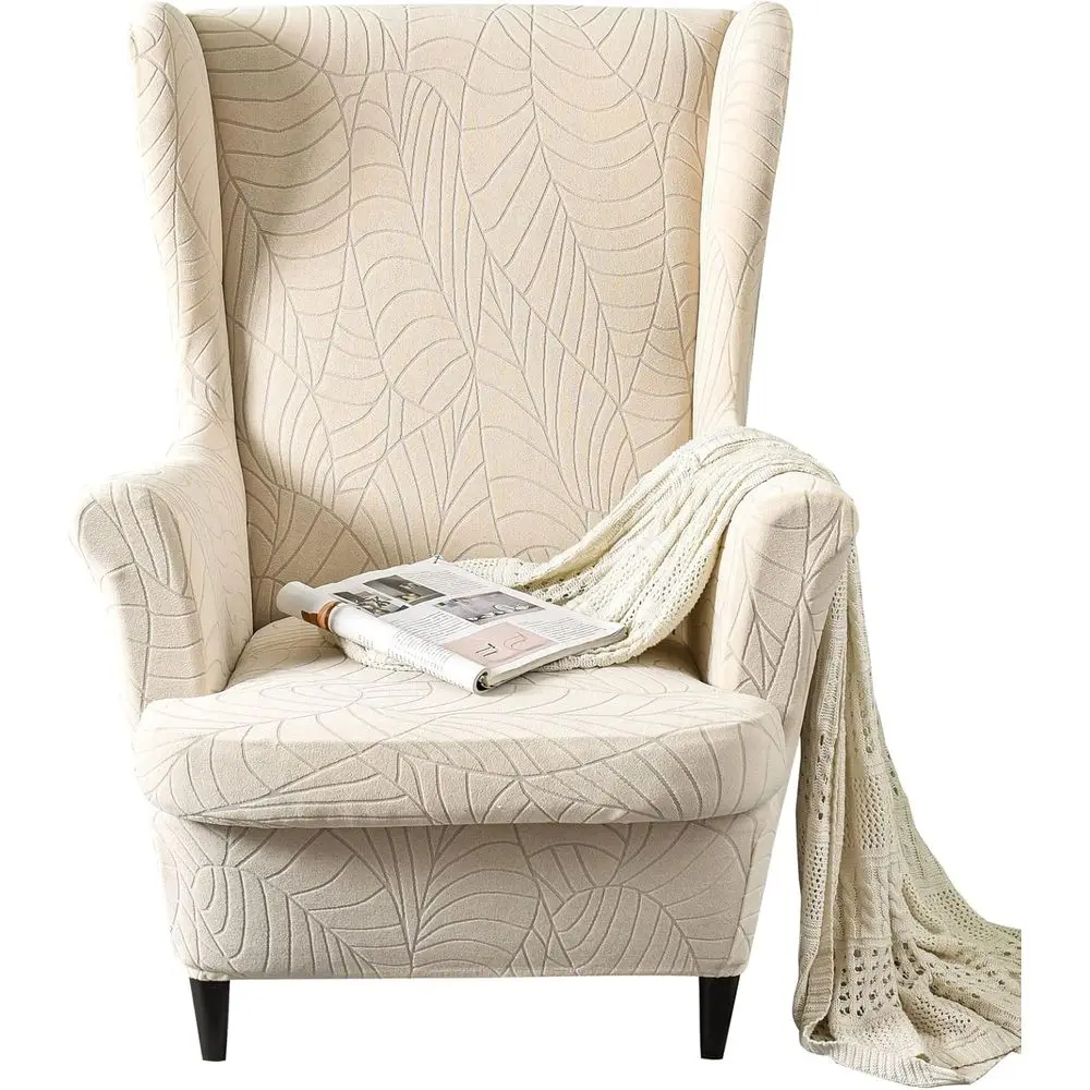 2-Piece Wingback Chair Cover Set - Solid Stretch Slipcover for Armchair, Living Room, Bedroom, Hotel (Beige)