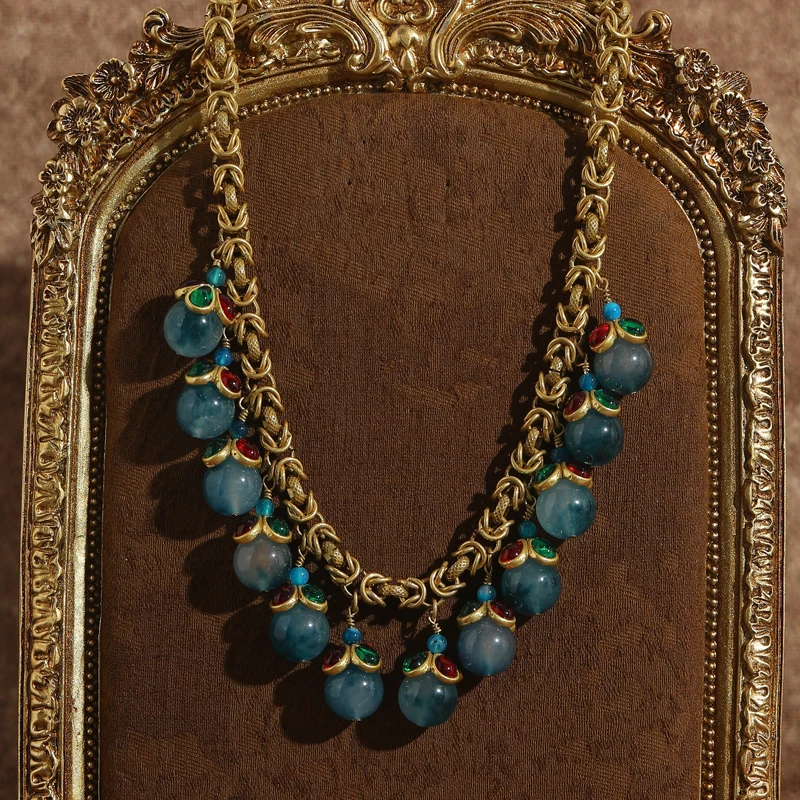 

Vintage Blue Glass Necklace Chokers Gothic Natural Stone Tassels Antique Gold Color Jewelry For Women Accessories New In 2025