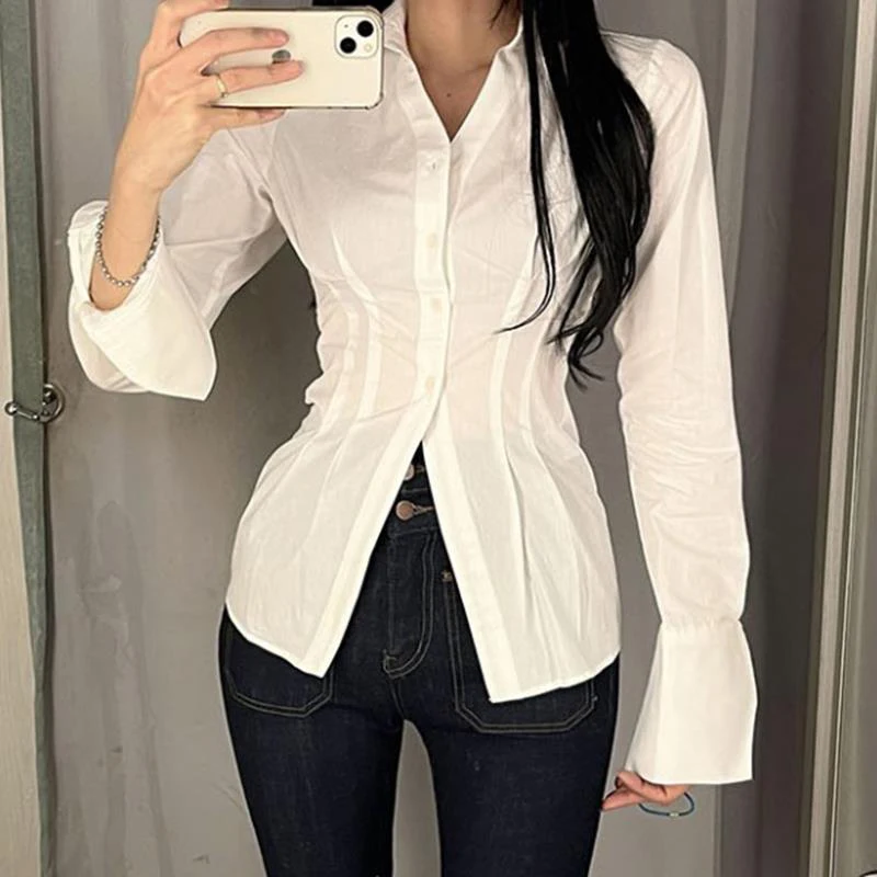 MEXZT Y2K Women Slim Blouses Office Lady Fashion Long Sleeve Folds Chic Shirt Vintage Streetwear Korean Sexy Skinny Casual Tops