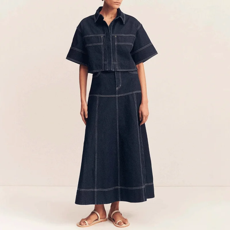 

Женские топы с короткими рукавами и джинсовая юбка, комплект из 2 предметов, макси-юбка с высокой талией, одинаковый комплект, синий комплект в стиле ретро, повседневная одежда