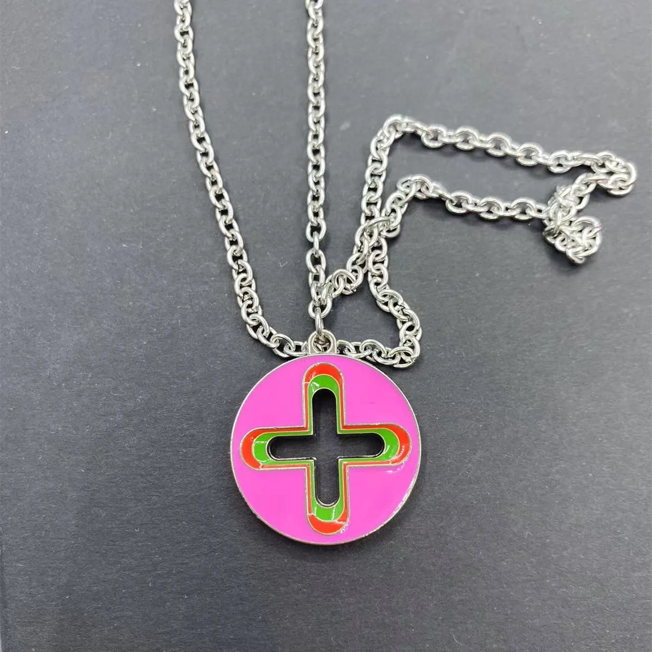 New Trendy Brand Cross Round Brand Dripping Oil Pendant Necklace Hip Hop Niche Design Personality Net Red Same Necklace