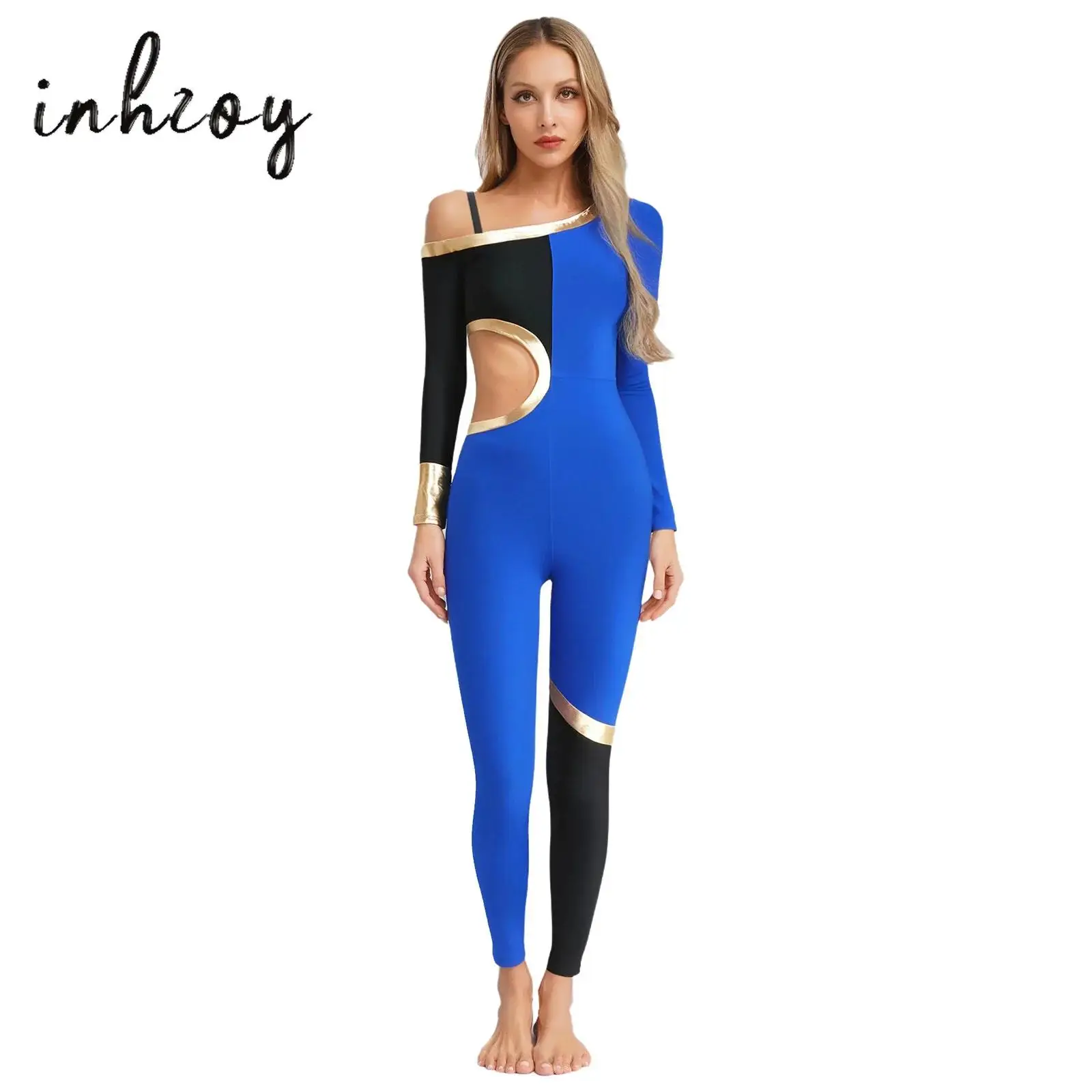 

Women Gymnastics Jumpsuit One Shoulder Adjustable Spaghetti Strap Long Sleeve Metallic Color Block Waist Cut Out Dance Rompers
