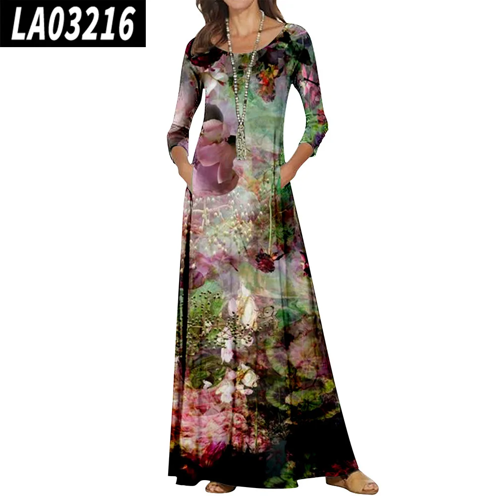 Woman Floral Print Round Neck Long Pullover Dress Elegant Casual Fashion Long Sleeve A-line Dresses