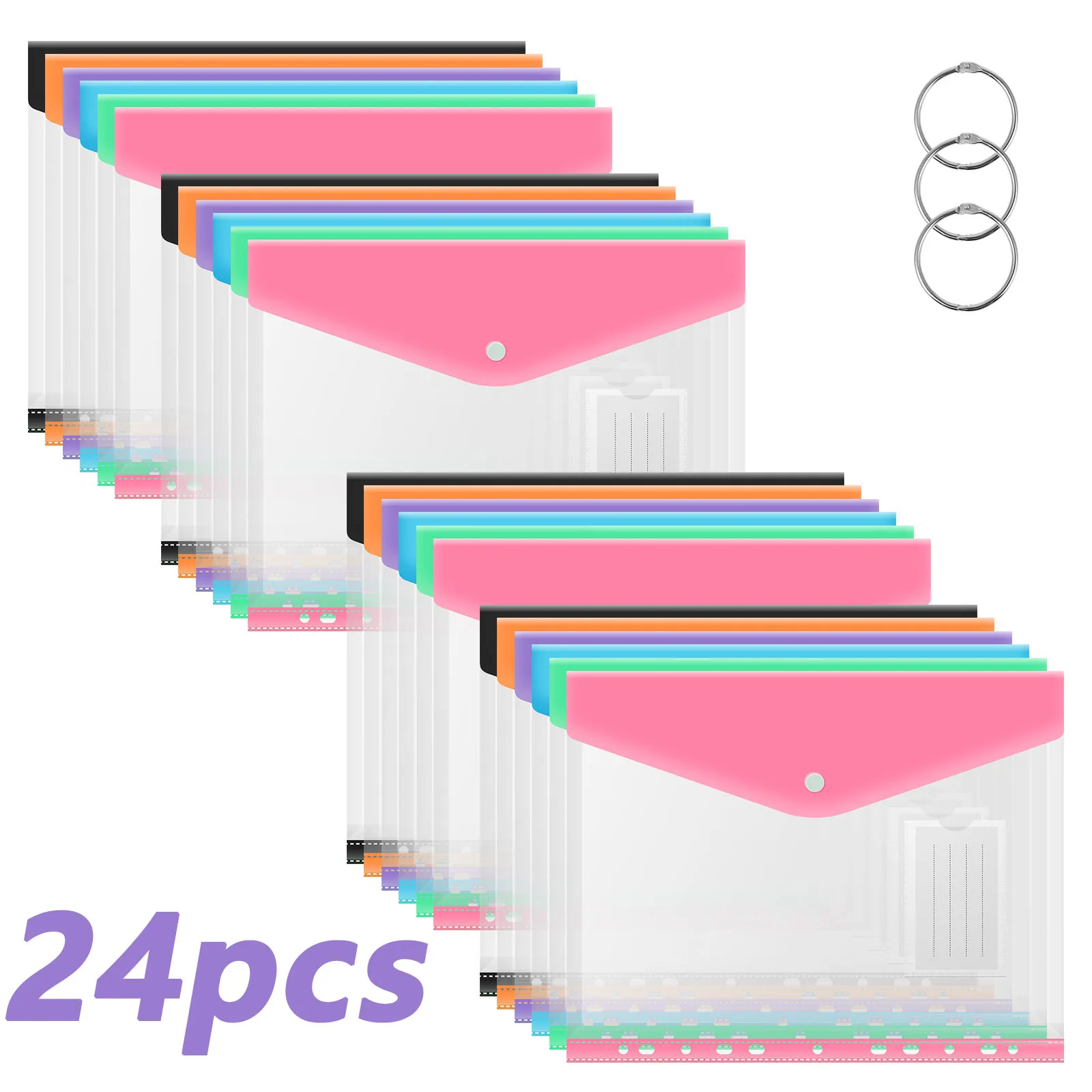 

24Pcs A4 Binder Pocket Organizer Folders Expandable Waterproof Envelopes Binder Folders Clear Snap Button For School Office