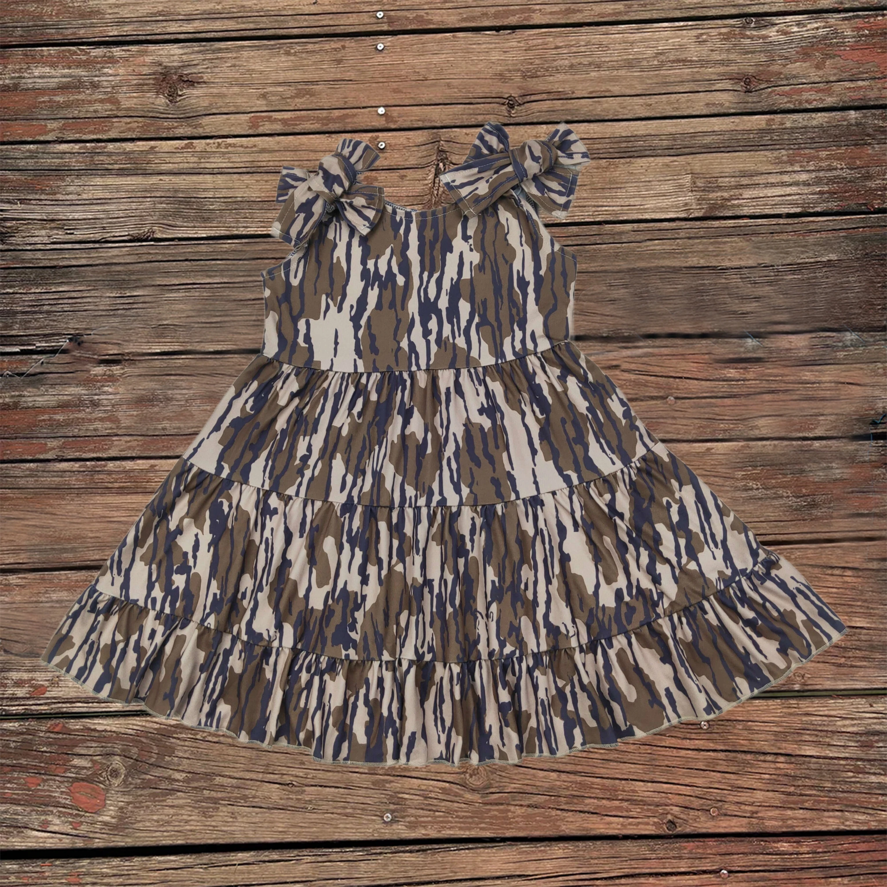 

Wholesale Toddler Bows Strap Baby Girl Army Green Bottomland Camo Ruffle Sleeveless Knee Length Dress Kids Children Clothes